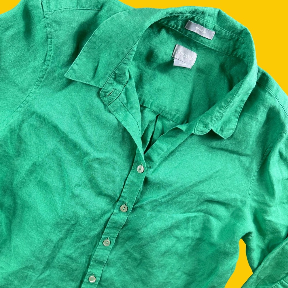 Chico's Button Down Shirt Women 10 Green Linen No Iron 3/4 Sleeve Casual Resort